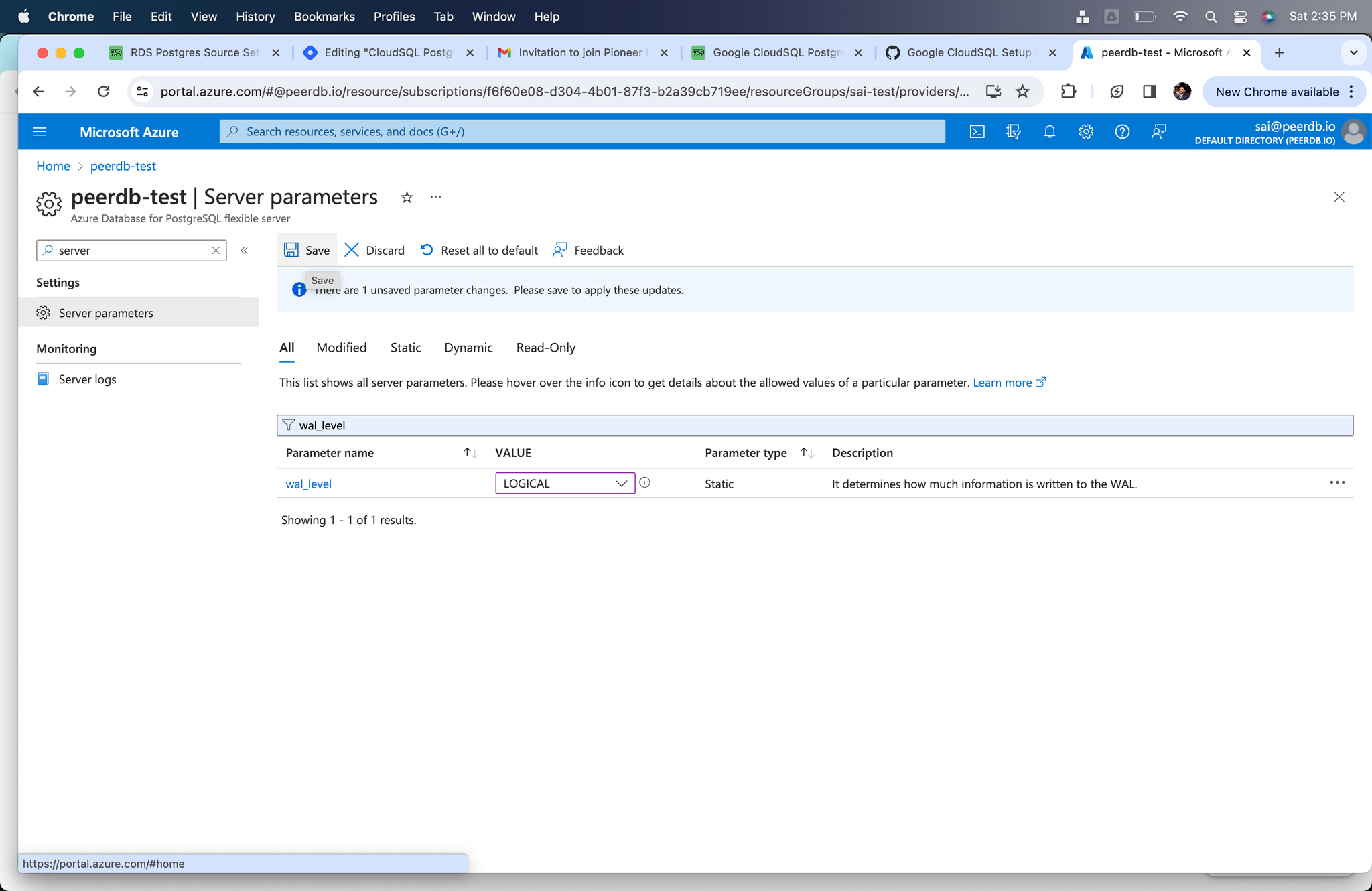 Change wal_level to logical in Azure Flexible Server for Postgres - Zoomed